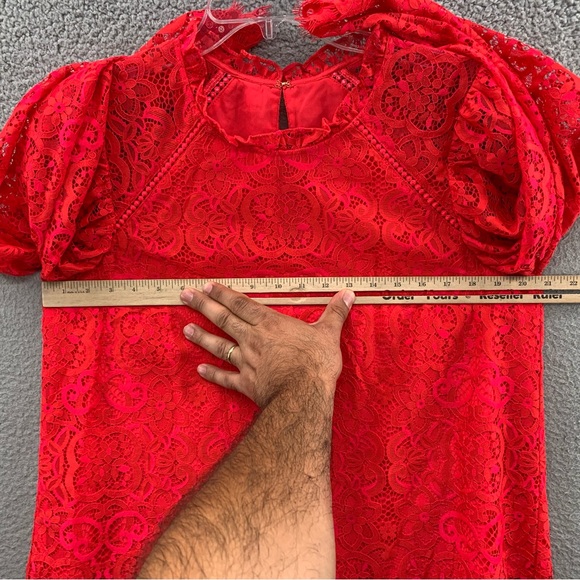 Lilly Pulitzer Averi White Puff Sleeve Top Scalloped Hem Red Hot Pink Two Tone L - Picture 8 of 12